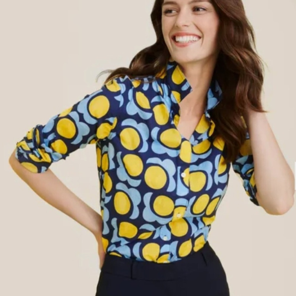 J. McLaughlin Womens Floral Abstract Geometric Bright Button Down Blouse Career